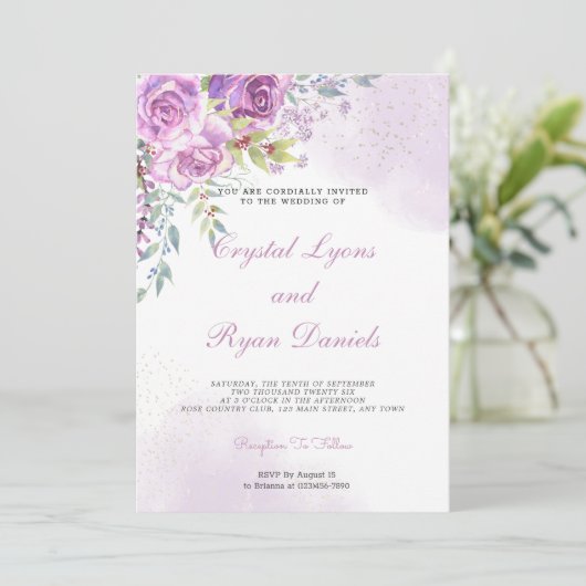 Elegant Purple Roses Wedding Invitation Einladung (Stehend Vorderseite)