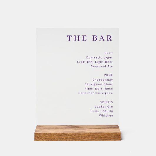 Elegant Purple Serif Bar Menu Acrylschild (Vorderseite)