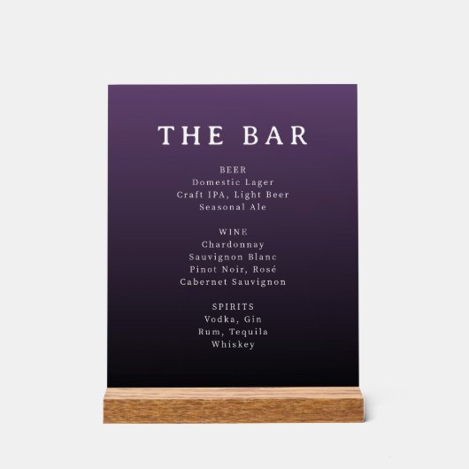 Elegant Purple Serif Bar Menu Sign Acrylschild (Vorderseite)