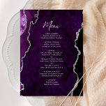 Elegant Purple Silver Agate Wedding Menu Menükarte<br><div class="desc">This elegant modern wedding menu features a purple watercolor agate background trimmed with faux silver glitter. The customizable text combines silver gray handwriting script and copperplate fonts. The reverse side features a matching purple and silver agate design.</div>