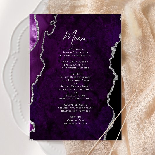 Elegant Purple Silver Agate Wedding Menu Menükarte