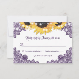 Elegant Purple Sunflower Floral Lace Wedding RSVP Karte