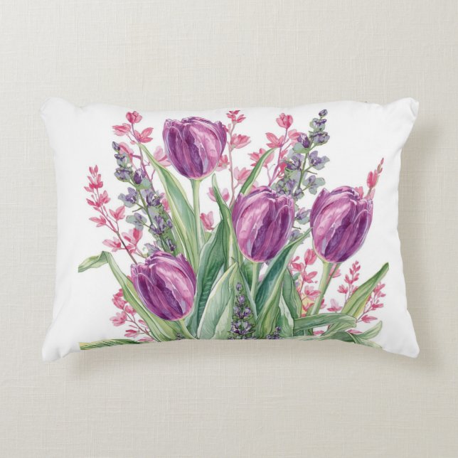 Elegant, Purple Tulip Flowers Pattern  Purple Dekokissen (Vorderseite)