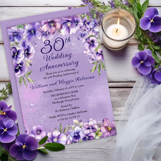 Elegant Purple Violets 30th Wedding Anniversary  Einladung