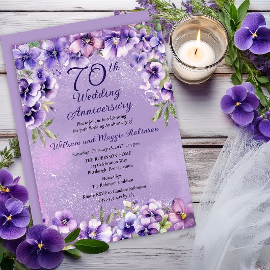 Elegant Purple Violets 70th Wedding Anniversary  Einladung