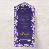 Elegant Purple Violets Floral 100th Birthday Party All-in-One-Einladung (Innenseite)