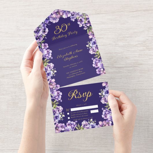 Elegant Purple Violets Floral 30th Birthday Party All-in-One-Einladung (Abreißstreifen)