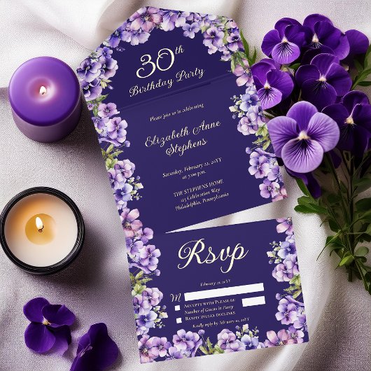 Elegant Purple Violets Floral 30th Birthday Party All-in-One-Einladung