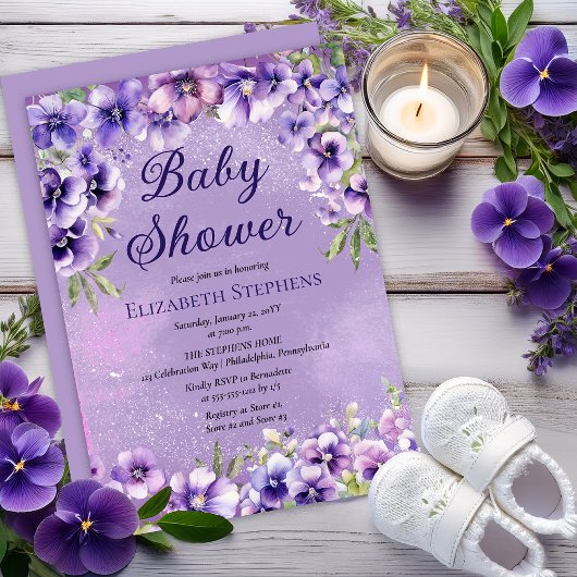 Elegant Purple Violets Floral Baby Shower Einladung