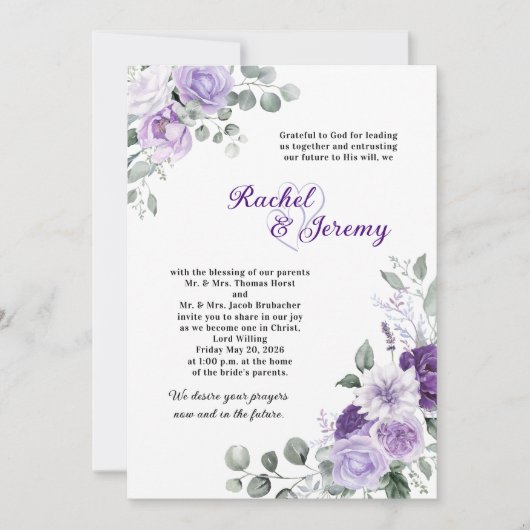 Elegant Purple Watercolor Floral Wedding Einladung (Vorderseite)