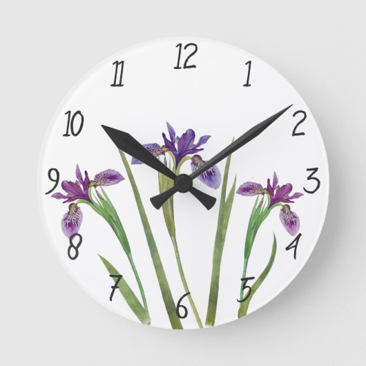 Elegant Purple Watercolor Iris Flowers Botanical Runde Wanduhr (Vorderseite)