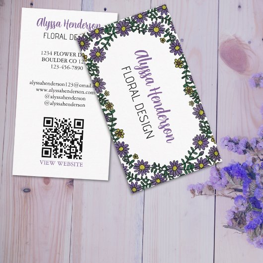 Elegant Purple & White Floral QR Code Florist Visitenkarte