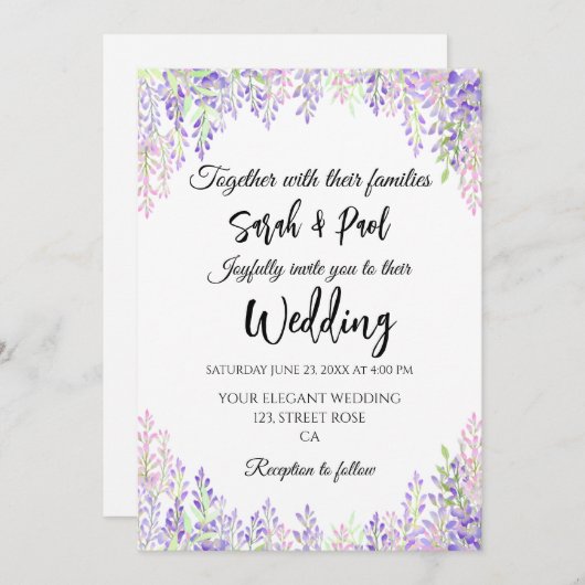 Elegant purple wisteria flower Wedding Einladung (Vorne/Hinten)