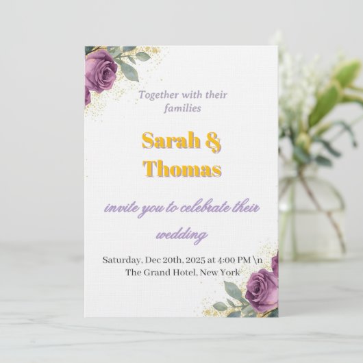 👉 Elegant Purple Wisteria & Gold Floral Wedding I Einladung (Stehend Vorderseite)