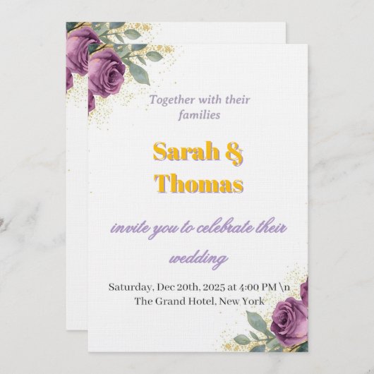 👉 Elegant Purple Wisteria & Gold Floral Wedding I Einladung (Vorne/Hinten)