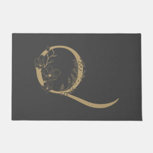 Elegant Q Boho Floral Monogram Initial Gray Gold Fußmatte