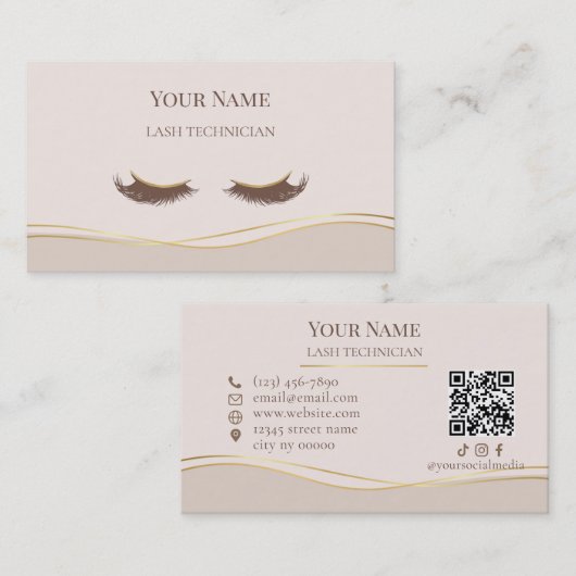 Elegant QR code Beige and Gold Lash Technician Visitenkarte (Vorne/Hinten)