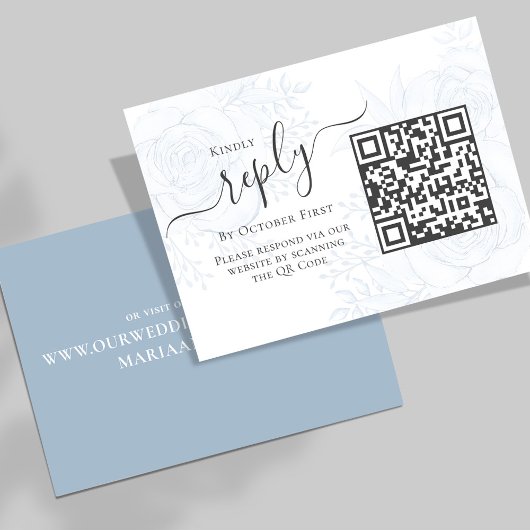 Elegant QR Code Floral RSVP Online Dusty Blue Begleitkarte