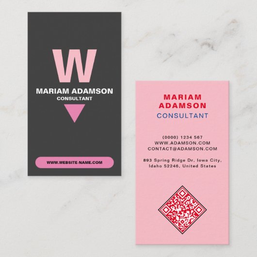 Elegant (QR-Code für Monogramm) Rosa und matt Schw Visitenkarte (Vorne/Hinten)