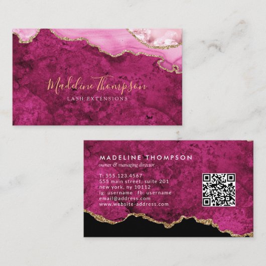 Elegant QR Code Magenta Pink  Marble Agate Geode Visitenkarte (Vorne/Hinten)