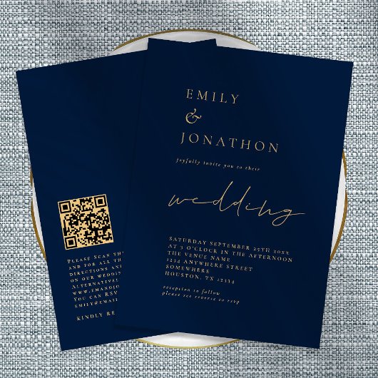 Elegant QR Code Skript Navy Gold Hochzeit Einladun Einladung