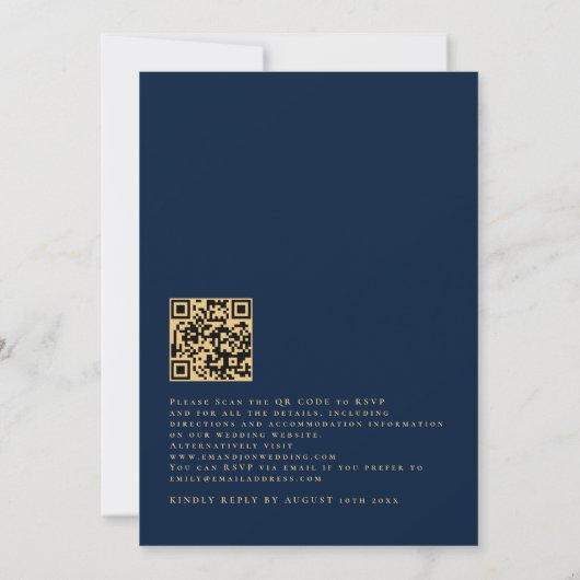 Elegant QR Code Skript Navy Gold Hochzeit Einladun Einladung (Rückseite)