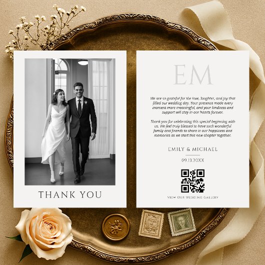 Elegant QR Code Wedding Photo Monogram Thank You Dankeskarte