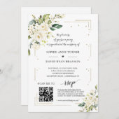 Elegant QR Code White Flowers Gold Wedding Einladung (Vorne/Hinten)