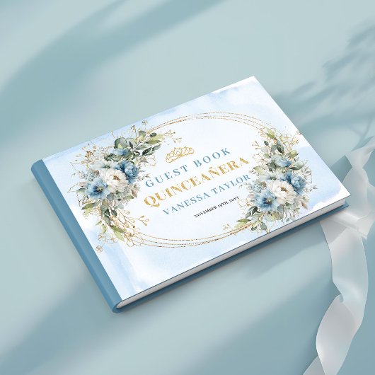 Elegant Quince Guest Book Boho Blue Gold Botanical Gästebuch