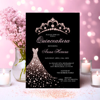 Elegant Quinceañera Black Pink Tiara Gown Dress Einladung
