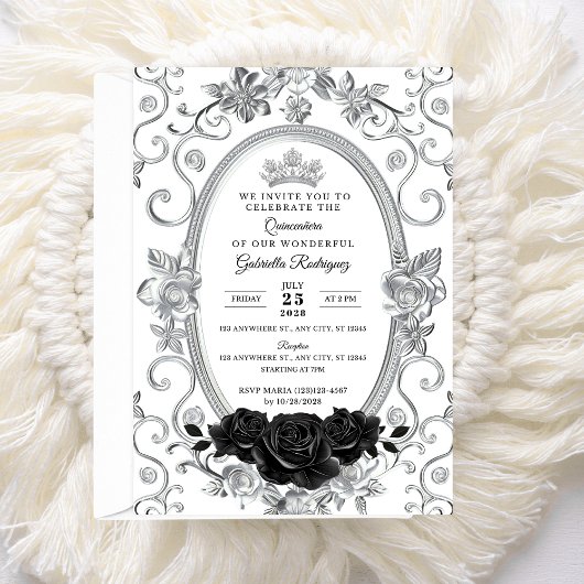 Elegant Quinceañera Einladung Floral Black Z2