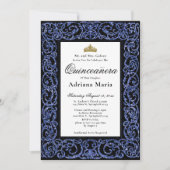 Elegant Quinceanera Invitation Blue Scrollwork Einladung (Vorderseite)