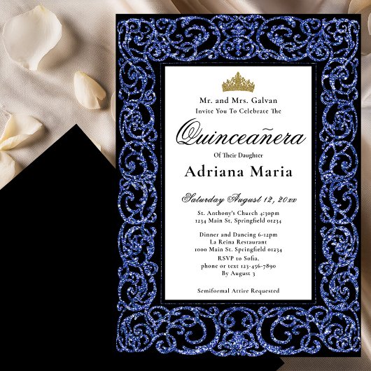 Elegant Quinceanera Invitation Blue Scrollwork Einladung
