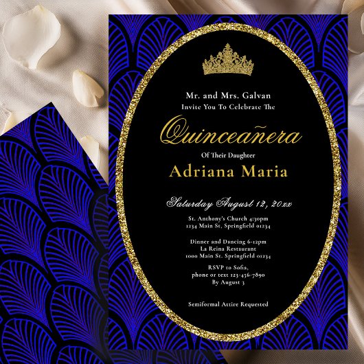 Elegant Quinceanera Invitation Gold Blue Art Deco Einladung