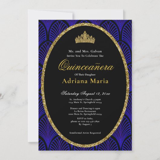 Elegant Quinceanera Invitation Gold Blue Art Deco Einladung (Vorderseite)
