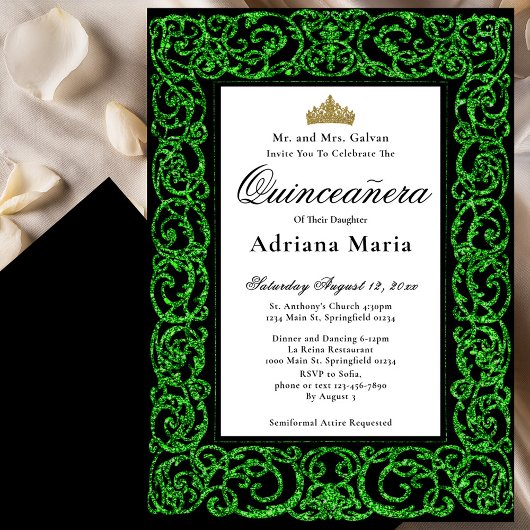 Elegant Quinceanera Invitation Green Scrollwork Einladung