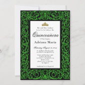 Elegant Quinceanera Invitation Green Scrollwork Einladung (Vorderseite)