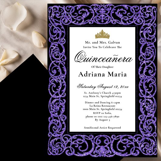 Elegant Quinceanera Invitation Purple Scrollwork Einladung