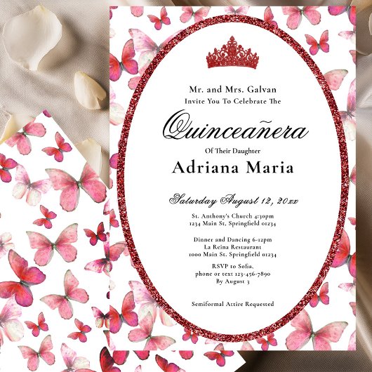 Elegant Quinceanera Invitation Red Butterflies Einladung