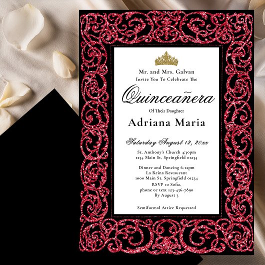 Elegant Quinceanera Invitation Red Scrollwork Einladung