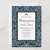 Elegant Quinceanera Invitation Sky Blue Scrollwork Einladung (Vorderseite)