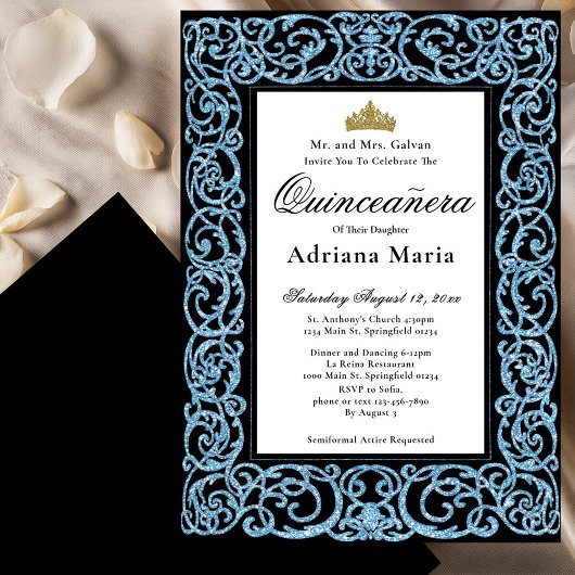 Elegant Quinceanera Invitation Sky Blue Scrollwork Einladung