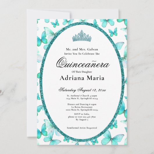 Elegant Quinceanera Invitation Teal Butterflies Einladung (Vorderseite)