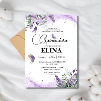 Elegant Quinceañera Lilac Lavender Butterfly Einladung