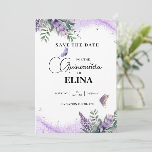 Elegant Quinceañera Lilac Lavender Butterfly Save The Date (Stehend Vorderseite)