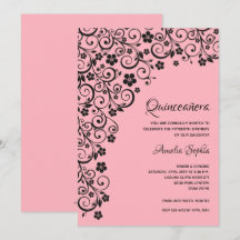 Elegant Quinceañera Schwarz und Rosa Einladungen
