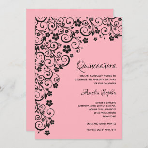 Elegant Quinceañera Schwarz und Rosa Einladungen