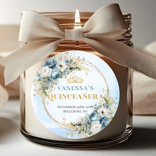 Elegant Quinceañera Sticker Blue Gold Greenery