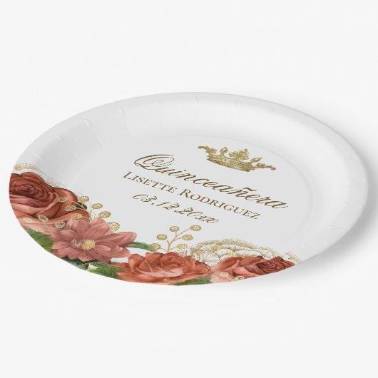 Elegant Quinceanera Tiara Floral Pappteller (Schrägansicht)