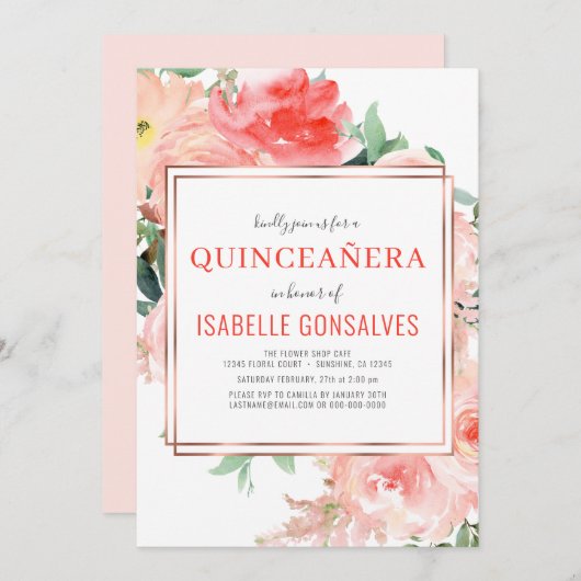Elegant QUINCEAÑERA Wasserfarben Peach Coral Flora Einladung (Vorne/Hinten)